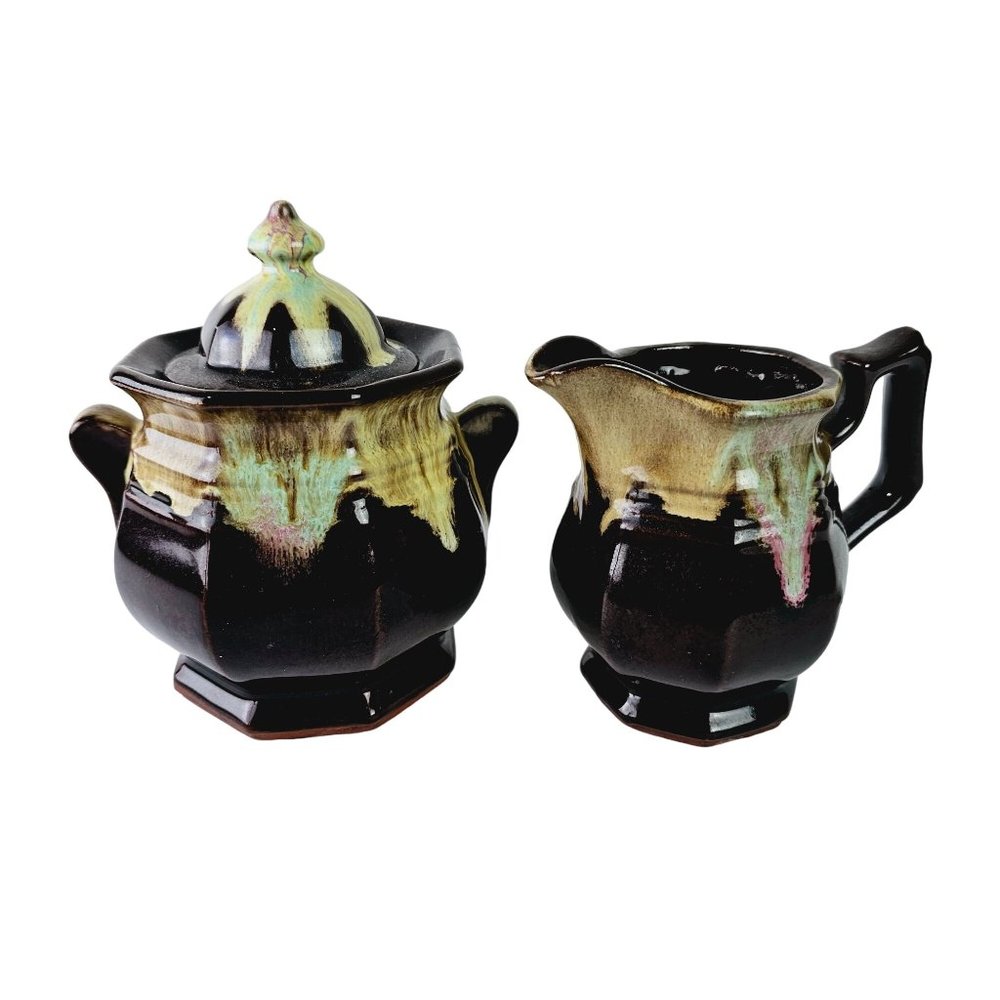 Vtg Van Briggle Glazed Drip Pottery Sugar Bowl & Creamer Set
